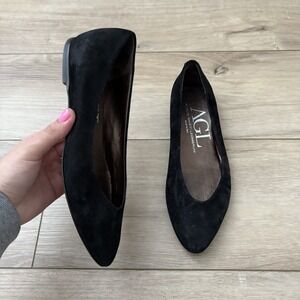 AGL Italy Women Ballet Flats Sz 7 Black Patent  Slip On Suede Shoes 37 Shimmer